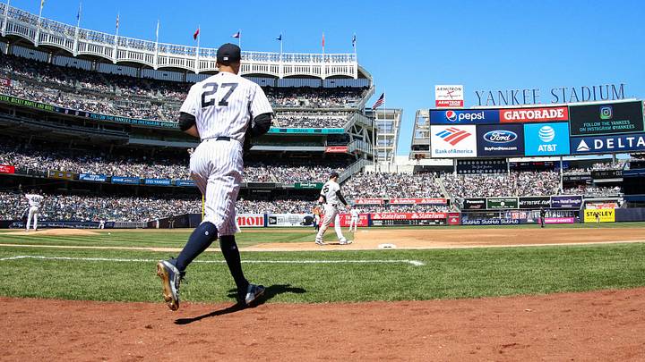 Apr 22, 2018; Bronx, NY, USA; New York Yankees right fielder Giancarlo Stanton (27) at Yankee Stadium. Mandatory Credit: Wendell Cruz-USA TODAY Sports Apr 22, 2018; Bronx, NY, USA; New York Yankees right fielder Giancarlo Stanton (27) at Yankee Stadium. Mandatory Credit: Wendell Cruz-USA TODAY Sports