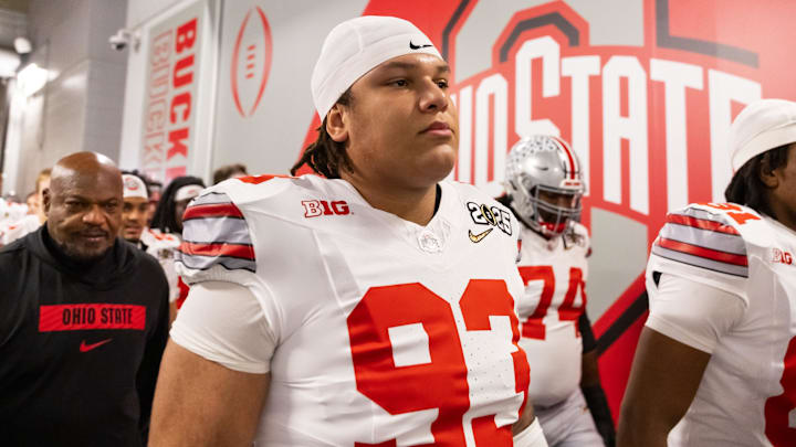 Jan 20, 2025; Atlanta, GA, USA; Ohio State Buckeyes defensive tackle Hero Kanu (93) against the Notre Dame Fighting Irish during the CFP National Championship college football game at Mercedes-Benz Stadium. Mandatory Credit: Mark J. Rebilas-Imagn Images