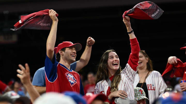 Philadelphia Phillies fans reacts in the ninth inning against the New York Mets during game two of the NLDS for the 2024 MLB Playoffs at Citizens Bank Park.