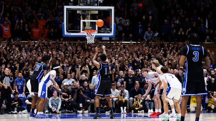 Duke Blue Devils guard Caleb Foster (1) shoots a free throw against the Florida Gators during the second half at Cameron Indoor Stadium in Durham, NC on Tuesday, December 2, 2025. Duke Blue Devils guard Caleb Foster (1) shoots a free throw against the Florida Gators during the second half at Cameron Indoor Stadium in Durham, NC on Tuesday, December 2, 2025.