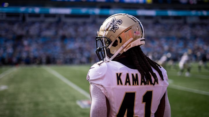 Nov 3, 2024; Charlotte, North Carolina, USA; New Orleans Saints running back Alvin Kamara (41) waits to take the field in the first quarter against the Carolina Panthers at Bank of America Stadium. Mandatory Credit: Scott Kinser-Imagn Images