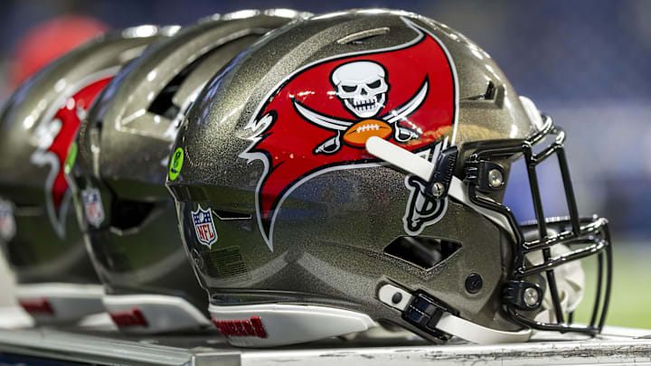 Oct 20, 2025; Detroit, Michigan, USA; The Tampa Bay Buccaneers helmet sits on an equipment locker before the game at Ford Field. Mandatory Credit: David Reginek-Imagn Images