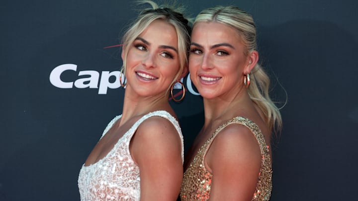 Hanna Cavinder and Haley Cavinder arrive on the red carpet before the 2023 ESPYS at the Dolby Theatre.
