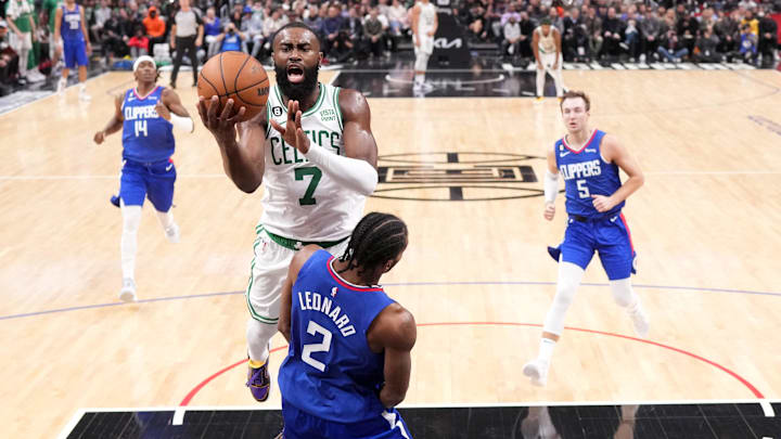 Dec 12, 2022; Los Angeles, California, USA; Boston Celtics guard Jaylen Brown (7) shoots the ball against LA Clippers forward Kawhi Leonard (2) in the second half at Crypto.com Arena. The Clippers defeated the Celtics 113-93. Mandatory Credit: Kirby Lee-Imagn Images Dec 12, 2022; Los Angeles, California, USA; Boston Celtics guard Jaylen Brown (7) shoots the ball against LA Clippers forward Kawhi Leonard (2) in the second half at Crypto.com Arena. The Clippers defeated the Celtics 113-93. Mandatory Credit: Kirby Lee-Imagn Images