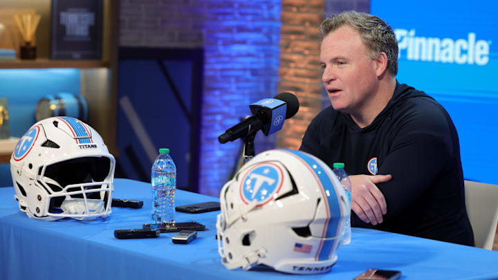 Titans general manager Mike Borgonzi speaks to members of the media during a pre NFL draft press conference held at the Titans practice facility Thursday, April 16, 2026.