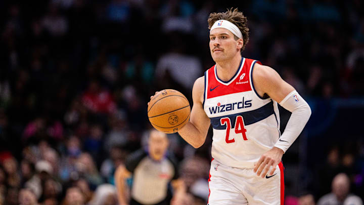 Mar 1, 2025; Charlotte, North Carolina, USA; Washington Wizards forward Corey Kispert (24) brings the ball up court against the Charlotte Hornets during the third quarter at Spectrum Center. Mandatory Credit: Scott Kinser-Imagn Images