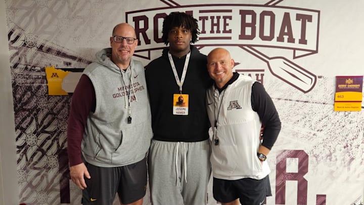 Lakeville South OL Joseph Hamer with Gophers OL coach Brian Callahan (left) and P.J. Fleck (right).