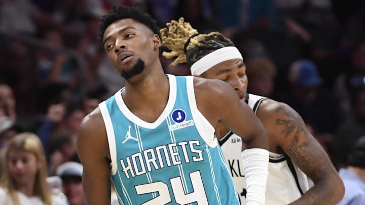 Oct 22, 2025; Charlotte, North Carolina, USA; Charlotte Hornets forward Brandon Miller (24) reacts after scoring during the first half against the Brooklyn Nets at the Spectrum Center. Mandatory Credit: Sam Sharpe-Imagn Images Oct 22, 2025; Charlotte, North Carolina, USA; Charlotte Hornets forward Brandon Miller (24) reacts after scoring during the first half against the Brooklyn Nets at the Spectrum Center. Mandatory Credit: Sam Sharpe-Imagn Images