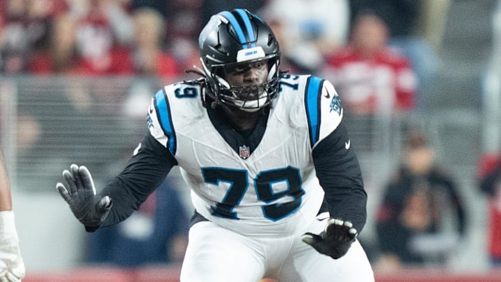 November 24, 2025; Santa Clara, California, USA; Carolina Panthers offensive tackle Ikem Ekwonu (79) during the third quarter against the San Francisco 49ers at Levi's Stadium. Mandatory Credit: Kyle Terada-Imagn Images November 24, 2025; Santa Clara, California, USA; Carolina Panthers offensive tackle Ikem Ekwonu (79) during the third quarter against the San Francisco 49ers at Levi's Stadium. Mandatory Credit: Kyle Terada-Imagn Images