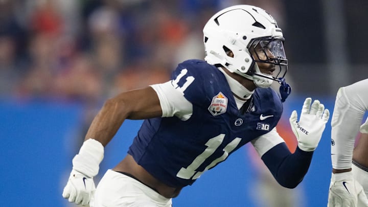 Dec 31, 2024; Glendale, AZ, USA; Penn State Nittany Lions defensive end Abdul Carter (11) against the Boise State Broncos in the Fiesta Bowl at State Farm Stadium. Mandatory Credit: Mark J. Rebilas-Imagn Images