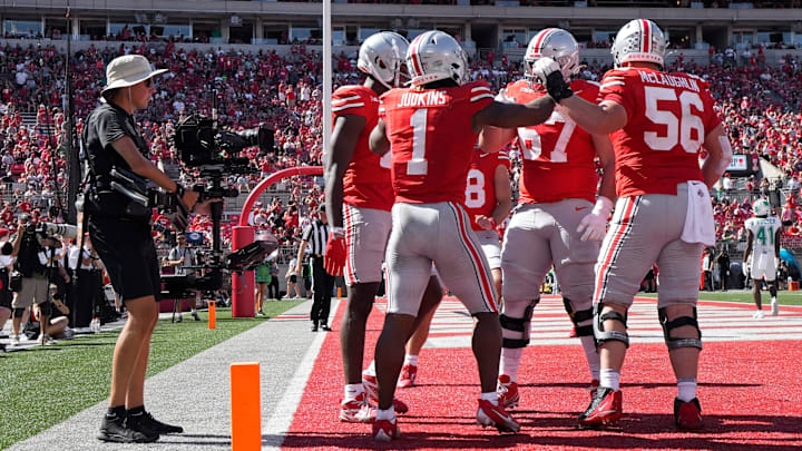 Sept. 21, 2024; Columbus, Ohio, USA;
Ohio State Buckeyes running back Quinshon Judkins (1) celebrates with teammates after scoring a touchdown during the second half of an NCAA Division I football game against Marshall Thundering Herd at Ohio Stadium on Saturday. Sept. 21, 2024; Columbus, Ohio, USA;
Ohio State Buckeyes running back Quinshon Judkins (1) celebrates with teammates after scoring a touchdown during the second half of an NCAA Division I football game against Marshall Thundering Herd at Ohio Stadium on Saturday.