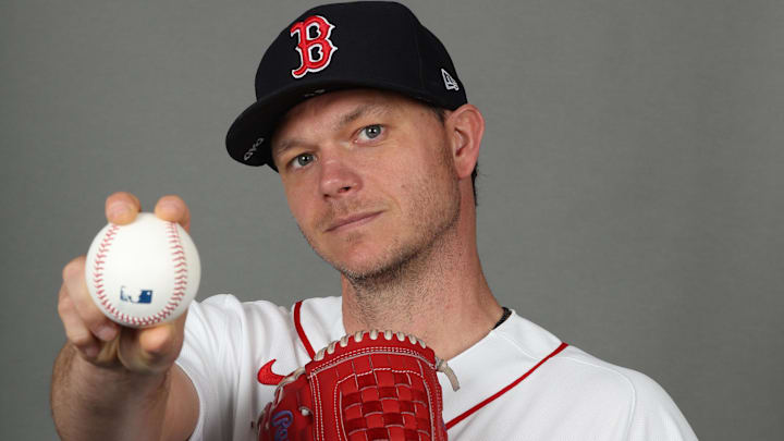 Feb 17, 2026; Lee County, FL, USA; Boston Red Sox pitcher Sonny Gray (54) poses for a photo during media day at JetBlue Park.
