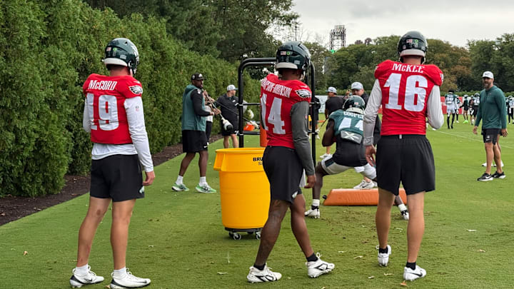 Eagles quarterbacks from left to right: Kyle McCord, Dorian Thompson-Robinson, and Tanner McKee.