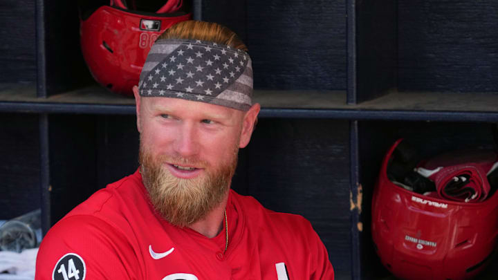 Mar 22, 2025; Peoria, Arizona, USA; Cincinnati Reds outfielder Jake Fraley (27) gets ready for a game against the San Diego Padres at Peoria Sports Complex. Mandatory Credit: Rick Scuteri-Imagn Images Mar 22, 2025; Peoria, Arizona, USA; Cincinnati Reds outfielder Jake Fraley (27) gets ready for a game against the San Diego Padres at Peoria Sports Complex. Mandatory Credit: Rick Scuteri-Imagn Images