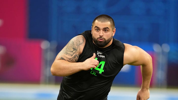 Mar 2, 2025; Indianapolis, IN, USA; Georgia offensive lineman Dylan Fairchild (OL14) during the 2025 NFL Scouting Combine at Lucas Oil Stadium. Mandatory Credit: Kirby Lee-Imagn Images