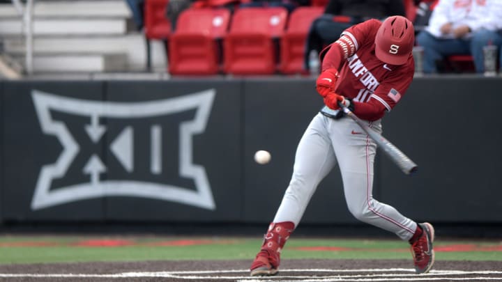 Stanford's catcher Malcolm Moore (10) prepares to hit the ball against Texas Tech in game one of their non-conference baseball series, Monday, April 1, 2024, at Rip Griffin Park. Stanford's catcher Malcolm Moore (10) prepares to hit the ball against Texas Tech in game one of their non-conference baseball series, Monday, April 1, 2024, at Rip Griffin Park.