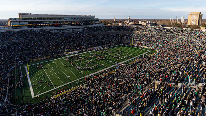 The Notre Dame marching band plays before a NCAA football game against Syracuse at Notre Dame Stadium on Saturday, Nov. 22, 2025, in South Bend.