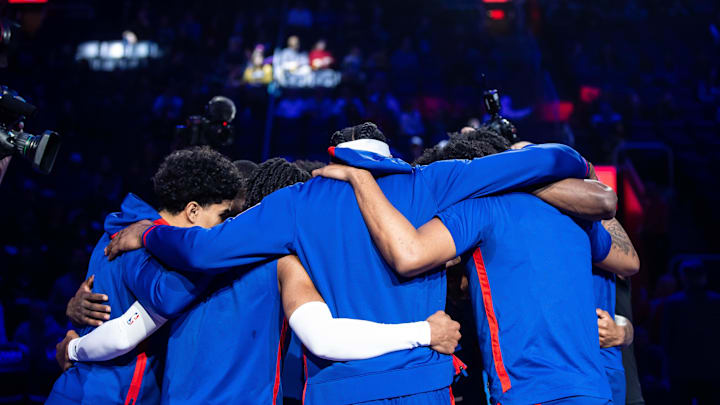 Mar 19, 2023; Detroit, Michigan, USA; The Detroit Pistons huddle: Allison Farrand-Imagn Images