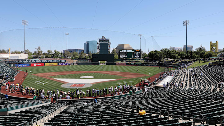 May 10, 2025; West Sacramento, California, USA; A general view of Sutter Health Park before a game between the New York Yankees and the Athletics at Sutter Health Park. Mandatory Credit: Dennis Lee-Imagn Images