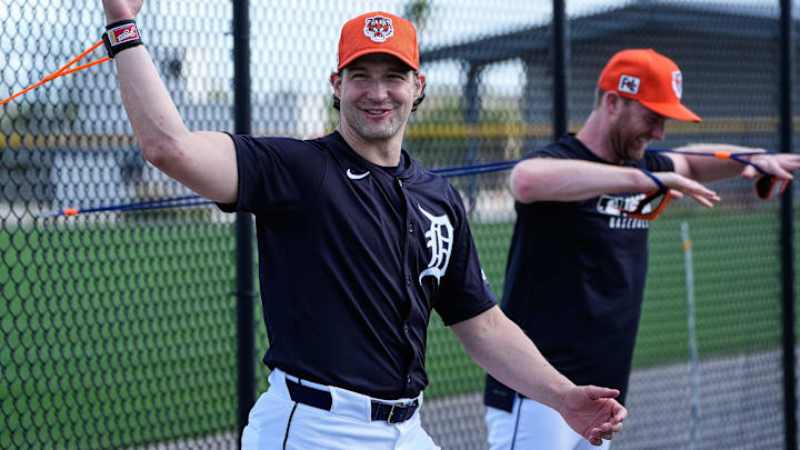 Detroit Tigers pitcher Tommy Kahnle works out during spring training at TigerTown in Lakeland, Fla. on Saturday, Feb. 15, 2025.