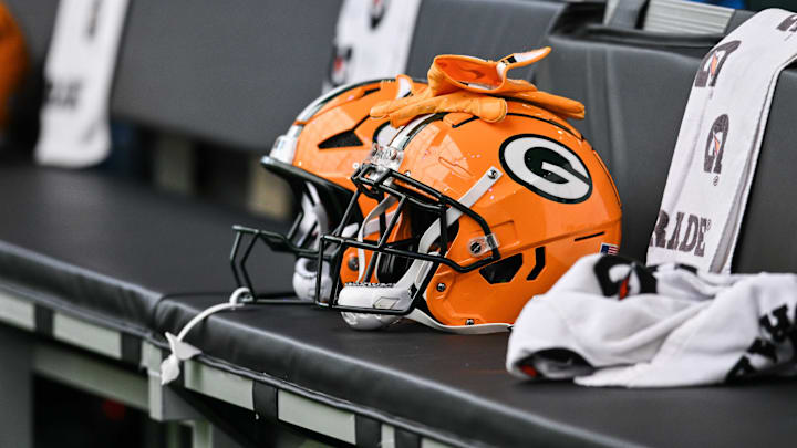 Dec 29, 2024; Minneapolis, Minnesota, USA;  A Green Bay Packers helmet sits ready before the game against the Minnesota Vikings at U.S. Bank Stadium. Mandatory Credit: Jeffrey Becker-Imagn Images
