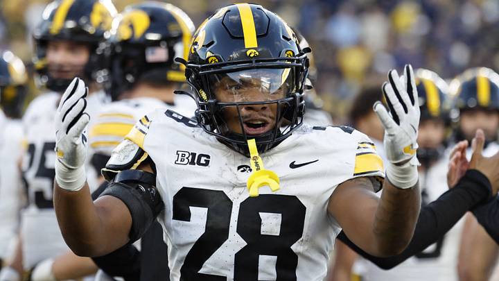 Sep 26, 2026; Ann Arbor, Michigan, USA; Iowa Hawkeyes running back Kamari Moulton (28) reacts after the game against the Michigan Wolverines at Michigan Stadium. Sep 26, 2026; Ann Arbor, Michigan, USA; Iowa Hawkeyes running back Kamari Moulton (28) reacts after the game against the Michigan Wolverines at Michigan Stadium.