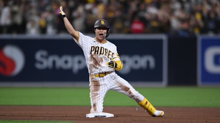 Oct 15, 2022; San Diego, California, USA; San Diego Padres shortstop Ha-Seong Kim (7) celebrates