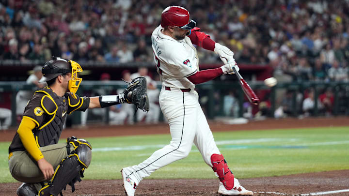Sep 27, 2024; Phoenix, Arizona, USA; Arizona Diamondbacks first base Christian Walker (53) bats against the San Diego Padres during the sixth inning at Chase Field. 