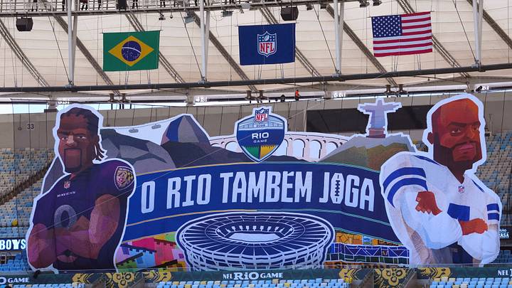 A tifo of Baltimore Ravens quarterback Lamar Jackson and Dallas Cowboys quarterback Dak Prescott at the NFL Rio Game at Maracana Stadium. 