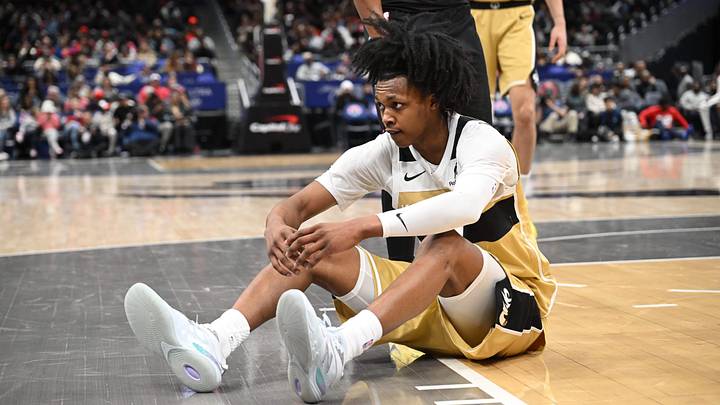 Feb 8, 2026; Washington, District of Columbia, USA; Washington Wizards guard Bub Carrington (7) sits on the floor after being fouled during a game against the Miami Heat during the third quarter at Capital One Arena. Mandatory Credit: Rafael Suanes-Imagn Images Feb 8, 2026; Washington, District of Columbia, USA; Washington Wizards guard Bub Carrington (7) sits on the floor after being fouled during a game against the Miami Heat during the third quarter at Capital One Arena. Mandatory Credit: Rafael Suanes-Imagn Images