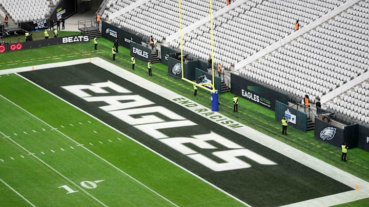 Sep 6, 2024; Sao Paulo, Brazil; The Philadelphia Eagles logo in the end zone at the 2024 NFL Sao Paolo Game at Neo Quimica Arena. Mandatory Credit: Kirby Lee-Imagn Images