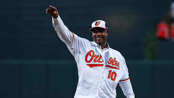 Sep 15, 2023; Baltimore, Maryland, USA; Former Baltimore Orioles Adam Jones throws out the first pitch after his professional baseball retirement celebration before the game between the Baltimore Orioles and the Tampa Bay Rays at Oriole Park at Camden Yards. Sep 15, 2023; Baltimore, Maryland, USA; Former Baltimore Orioles Adam Jones throws out the first pitch after his professional baseball retirement celebration before the game between the Baltimore Orioles and the Tampa Bay Rays at Oriole Park at Camden Yards.