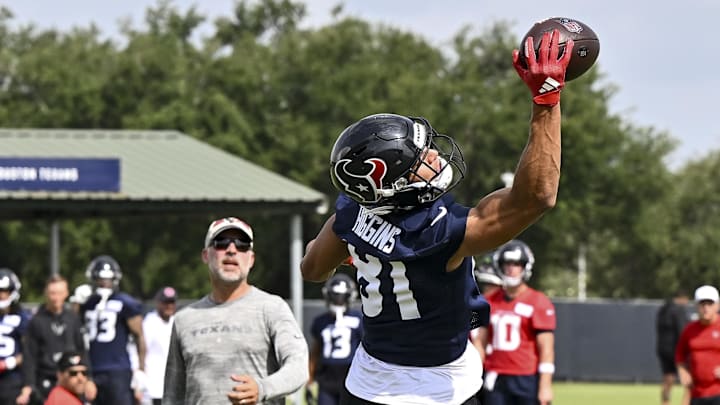 Jun 10, 2025; Houston, TX, USA; Houston Texans wide receiver Jayden Higgins (81) participates in a drill during an NFL football minicamp at NRG Stadium. Mandatory Credit: Maria Lysaker-Imagn Images 