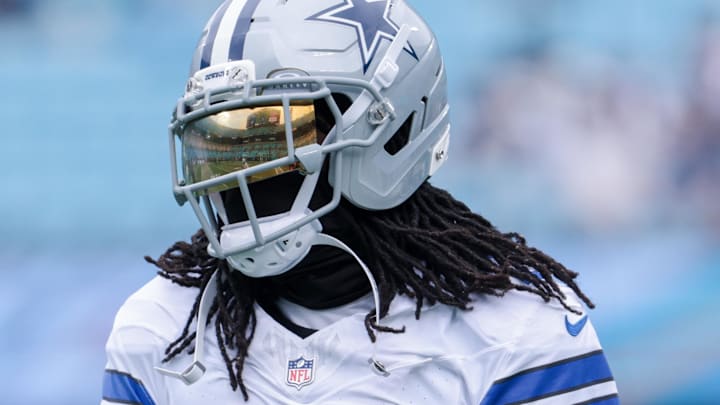 Dallas Cowboys cornerback Trevon Diggs warms up before the game against the Carolina Panthers. Dallas Cowboys cornerback Trevon Diggs warms up before the game against the Carolina Panthers.
