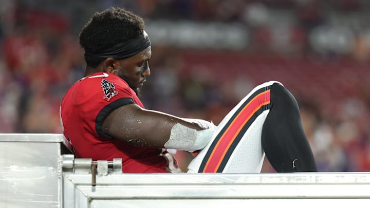Oct 21, 2024; Tampa, Florida, USA; Tampa Bay Buccaneers wide receiver Chris Godwin (14) is carted off the field against the Baltimore Ravens in the fourth quarter at Raymond James Stadium. Mandatory Credit: Nathan Ray Seebeck-Imagn Images Oct 21, 2024; Tampa, Florida, USA; Tampa Bay Buccaneers wide receiver Chris Godwin (14) is carted off the field against the Baltimore Ravens in the fourth quarter at Raymond James Stadium. Mandatory Credit: Nathan Ray Seebeck-Imagn Images