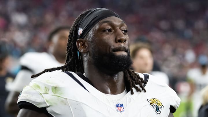 Nov 23, 2025; Glendale, Arizona, USA; Jacksonville Jaguars linebacker Devin Lloyd (0) against the Arizona Cardinals at State Farm Stadium. Mandatory Credit: Mark J. Rebilas-Imagn Images