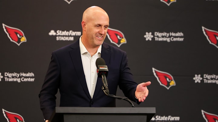 Apr 24, 2026; Phoenix, AZ, USA; Arizona Cardinals general manager Monti Ossenfort introduces Arizona Cardinals first-round draft pick Jeremiyah Love during the press conference at Dignity Health Arizona Cardinals Training Center. Mandatory Credit: Anna Carrington-Imagn Images