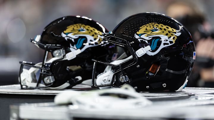 Nov 23, 2025; Glendale, Arizona, USA; Detailed view of a Jacksonville Jaguars helmet at State Farm Stadium. Mandatory Credit: Mark J. Rebilas-Imagn Images