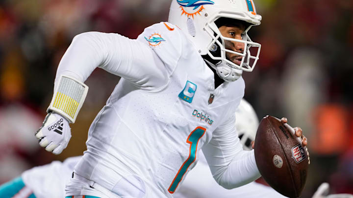 Jan 13, 2024; Kansas City, Missouri, USA; Miami Dolphins quarterback Tua Tagovailoa (1) during the