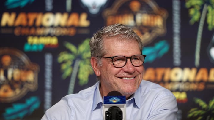 Apr 6, 2025; Tampa, FL, USA; Connecticut Huskies head coach Geno Auriemma speaks to the media after the national championship of the women's 2025 NCAA tournament against the South Carolina Gamecocks at Amalie Arena. Mandatory Credit: Nathan Ray Seebeck-Imagn Images