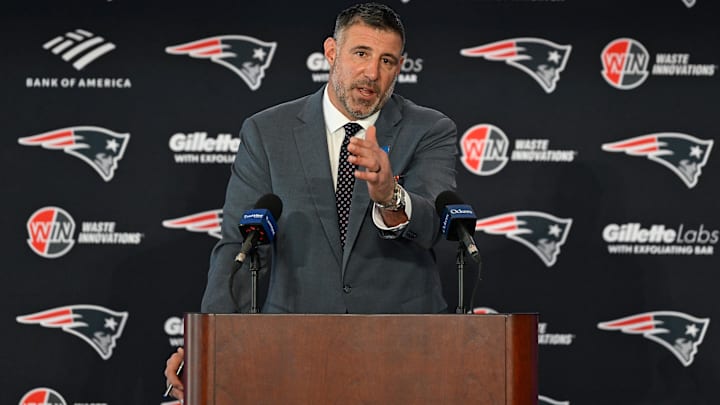 Mike Vrabel addresses the media at a press conference to announce his hiring as the new head coach of the New England Patriots at Gillette Stadium.