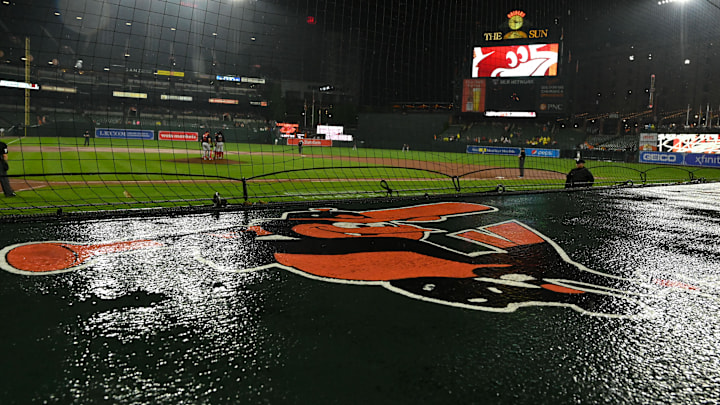 Jun 22, 2022; Baltimore, Maryland, USA; A detail view of the Baltimore Orioles logo on top of the home dugout during the game Washington Nationals d at Oriole Park at Camden Yards. Baltimore Orioles defeated Washington Nationals 7-0 in a rain shorten game. Mandatory Credit: Tommy Gilligan-Imagn Images Jun 22, 2022; Baltimore, Maryland, USA; A detail view of the Baltimore Orioles logo on top of the home dugout during the game Washington Nationals d at Oriole Park at Camden Yards. Baltimore Orioles defeated Washington Nationals 7-0 in a rain shorten game. Mandatory Credit: Tommy Gilligan-Imagn Images