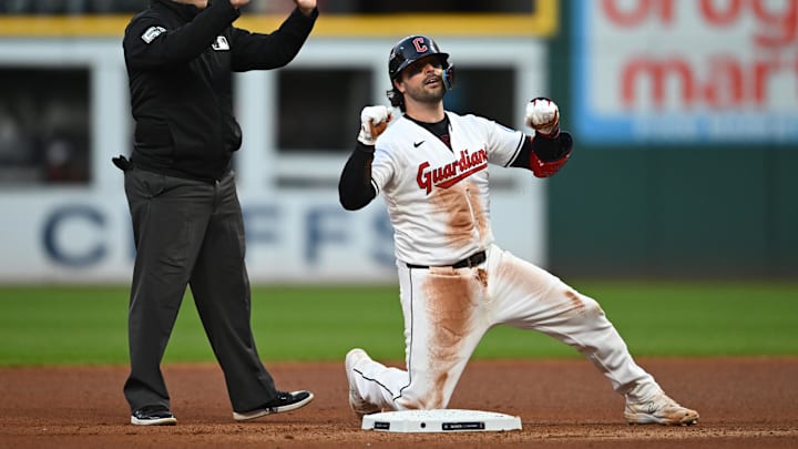 Oct 17, 2024; Cleveland, Ohio, USA; Cleveland Guardians catcher Austin Hedges (27) celebrates after a double during the fourth inning against the New York Yankees in game 3 of the American League Championship Series at Progressive Field. Mandatory Credit: Ken Blaze-Imagn Images