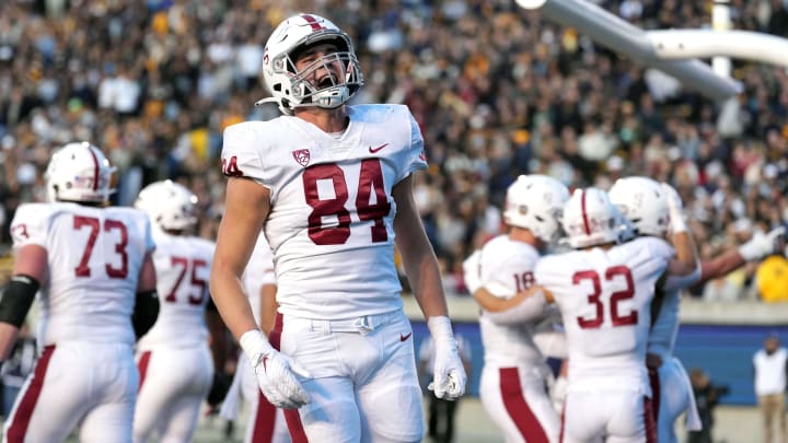 Nov 19, 2022; Berkeley, California, USA; Stanford Cardinal tight end Benjamin Yurosek (84) celebrates after a touchdown by Stanford Cardinal wide receiver Elijah Higgins (not shown) during the third quarter against the California Golden Bears at FTX Field at California Memorial Stadium. Mandatory Credit: Darren Yamashita-USA TODAY Sports