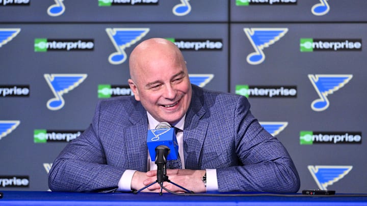 Apr 5, 2025; St. Louis, Missouri, USA;  St. Louis Blues head coach Jim Montgomery talks with the media after the Blues won their franchise record 12th straight win with a victory over the Colorado Avalanche at Enterprise Center. Mandatory Credit: Jeff Curry-Imagn Images