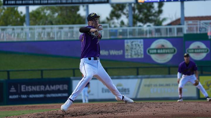 Dasan Hill of the Fort Myers Mighty Mussels pitches against the Dunedin Blue Jays at Hammond Stadium on Saturday, Aug. 2, 2025. The Mussels won 3-2 in extra innings. Dasan Hill of the Fort Myers Mighty Mussels pitches against the Dunedin Blue Jays at Hammond Stadium on Saturday, Aug. 2, 2025. The Mussels won 3-2 in extra innings.