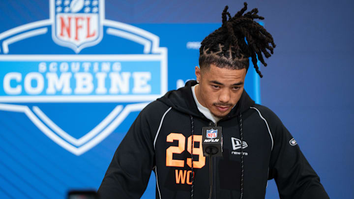 USC wide receiver Makai Lemon speaks to members of the media during the NFL Combine at the Indiana Convention Center.