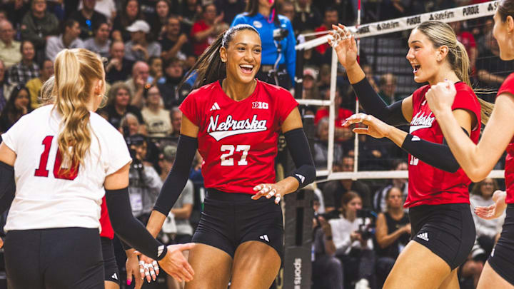 Harper Murray celebrates after the Huskers score a point against Purdue. She finished with 16 kills and .640 hitting percentage. 