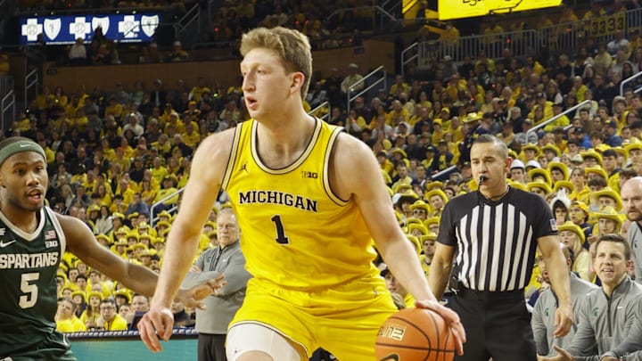 Feb 21, 2025; Ann Arbor, Michigan, USA; Michigan Wolverines center Danny Wolf (1) handles the ball during the first half of the game against the Michigan State Spartans at Crisler Center. Mandatory Credit: Brian Bradshaw Sevald-Imagn Images