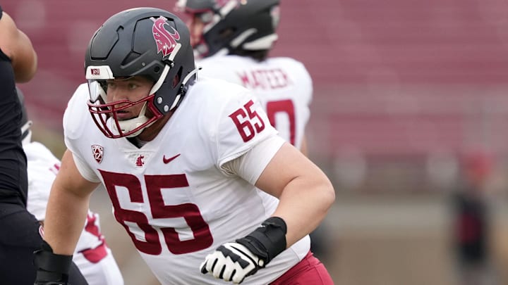 Nov 5, 2022; Stanford, California, USA; Washington State Cougars offensive lineman Brock Dieu (65) during the fourth quarter against the Stanford Cardinal at Stanford Stadium. Mandatory Credit: Darren Yamashita-USA TODAY Sports